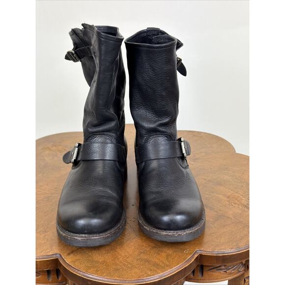 Frye Black Moto Boot Womens Size 7 Short Bootie Black Leather w/ Buckles - Picture 3 of 9